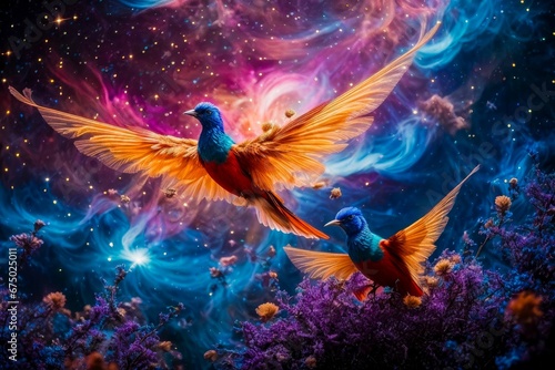 two vibrant vibrant blue birds with their wings outstretched in a futuristic setting © Wirestock