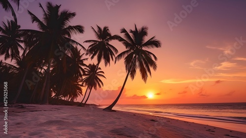 AI generated illustration of a picturesque sunset at a beach with palm trees