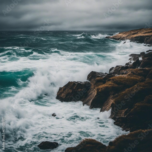 AI generated illustration of majestic sea waves crashing into the rocky shoreline