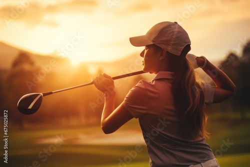 East Indian Female Golfer On Fairway Playing Golf At Dawn Generative AI