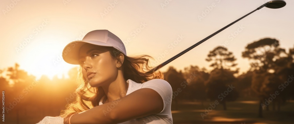 Fototapeta premium Hispanic Female Golf Tour Pro On Felt Golfing At Dusk Generative AI