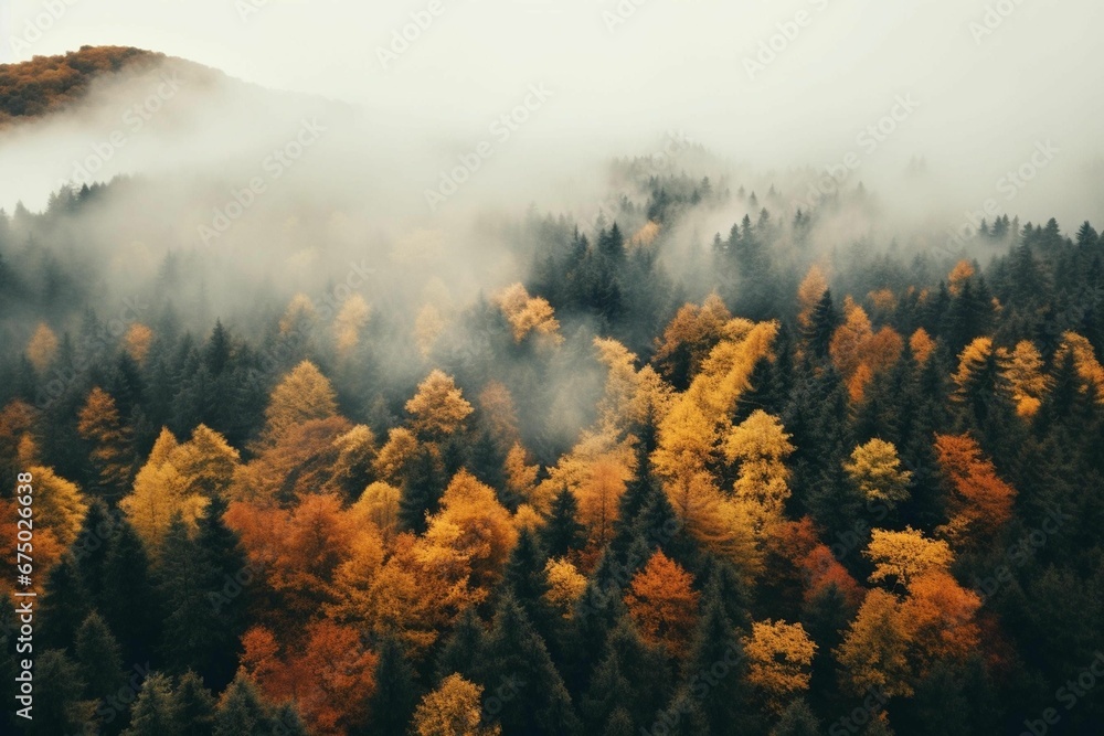 AI generated illustration of a scenic landscape of a majestic mountain covered in a light mist AI generated illustration of a scenic landscape of a majestic mountain covered in a light mist
