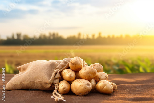 A pile of fresh potatoes and a raw brown cloth sack filled with potatoes harvested from a plantation farm placed on wood table. Generative AI.