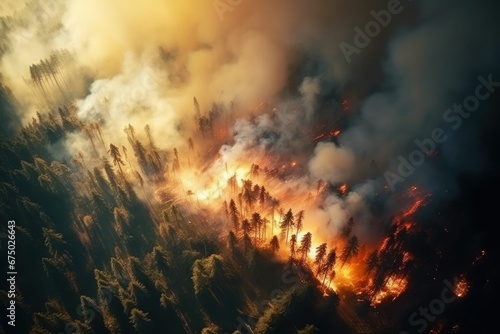 AI generated illustration of a dramatic night scene featuring a large blaze consuming trees