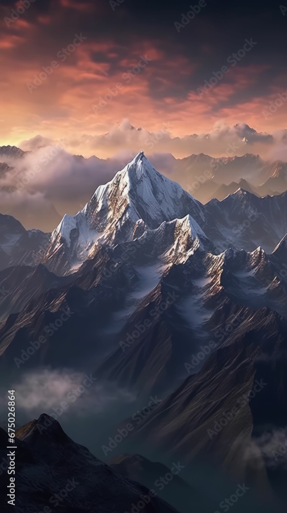 AI generated illustration of a mountain range silhouetted against a breathtaking sunset sky