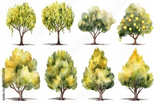 AI generated illustration of a watercolor painting featuring a variety of trees in a nature scene