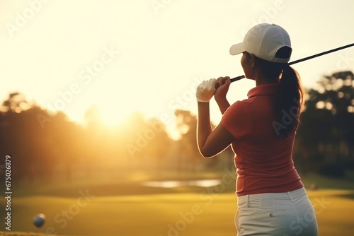 Hispanic Female Pro Golfer On Fairway Playing Golf At Dusk Generative AI