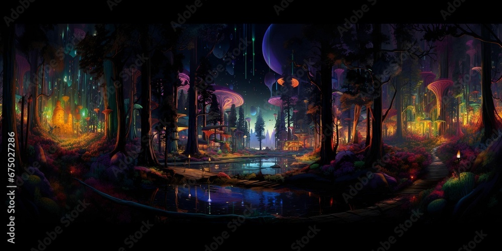 AI generated illustration of an illuminated cityscape at night, nestled in the deep woods AI generated illustration of an illuminated cityscape at night, nestled in the deep woods