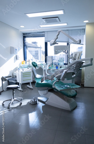 Dental equipment in dentist office in new modern dental clinic room. Background of dental chair and accessories. 