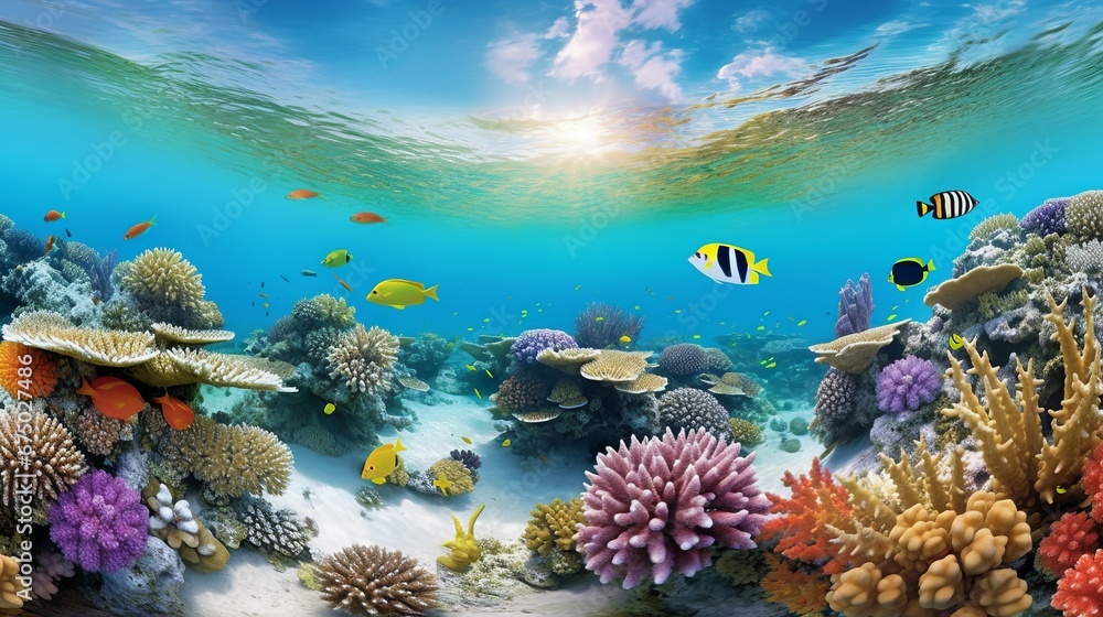 Coral reef with a variety of fish swimming in the crystal blue waters. AI-generated. Coral reef with a variety of fish swimming in the crystal blue waters. AI-generated.