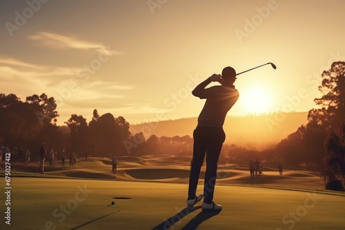 Hispanic Male Golf Tour Pro On Golf Course Golfing At Sunset Generative AI