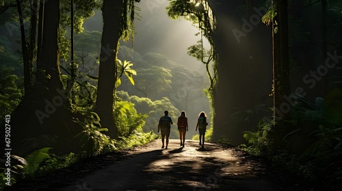 AI generated illustration of a group of people walking up a winding road in a vast forest