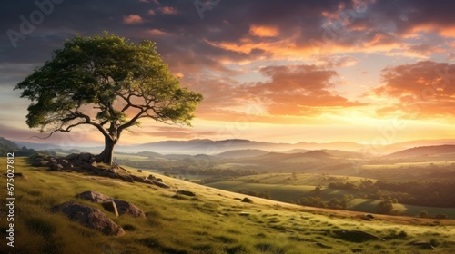AI generated illustration of a green tree on a hill at golden sunset