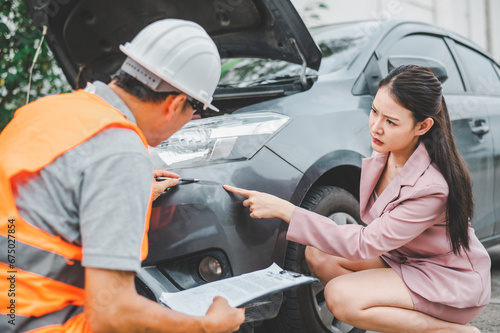 male insurance officer came to help inspect a customer's car that had an accident. Concept for vehicle crash, insurance claim.