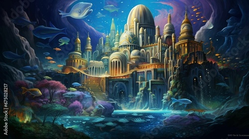 AI generated illustration of An underwater landscape featuring a majestic castle © Wirestock