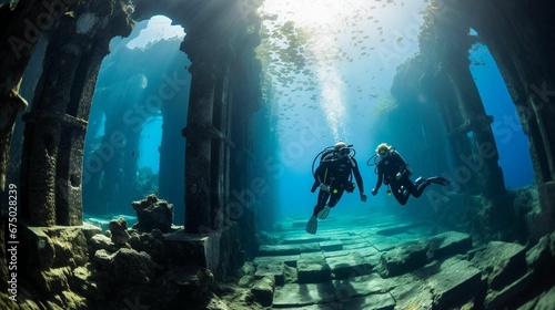 Fotografie, Obraz divers in an underwater tunnel near rocks and plants under water