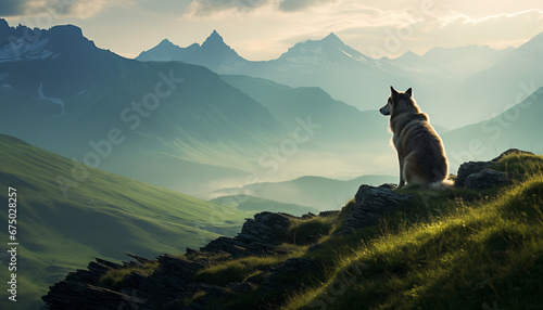 Tranquil Wilderness Escape: Dog Enjoying a Scenic Mountain Sunset