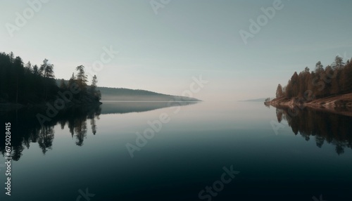 AI generated illustration of a picturesque lake surrounded by lush trees
