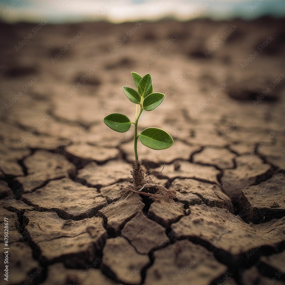 Small, green plant sprouting from a cracked, dry surface. AI-generated. Small, green plant sprouting from a cracked, dry surface. AI-generated.