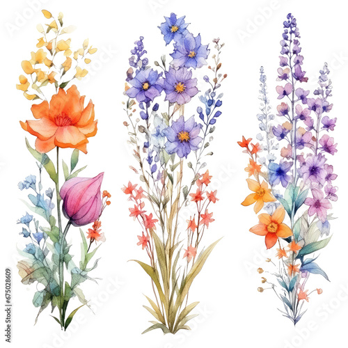 watercolor wildflowers floral borders Beautiful meadow floral arrangements isolated on transparent background