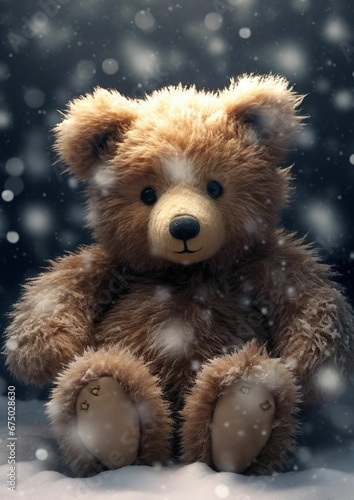 AI generated illustration of A plush teddy bear sits alone on a snow-covered surface © Wirestock