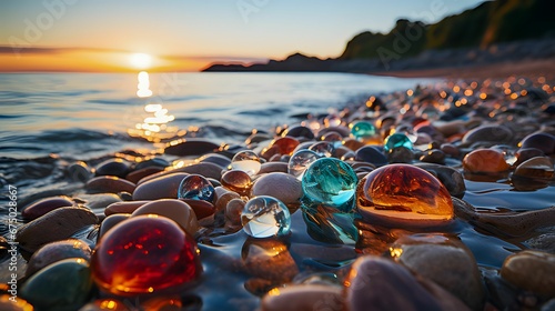 AI generated illustration of a vibrant display of multi-colored glass stones in a beach