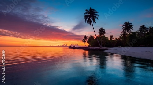 Scenic view of swaying palm trees on the beach at sunset. AI-generated. © Wirestock