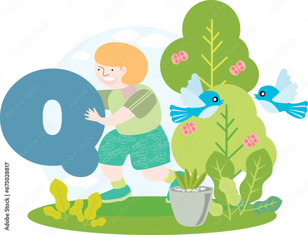 Naklejka premium a child holding the English alphabet letter Q with blue sky and beautiful green environment with birds on trees and butterflies and green plants