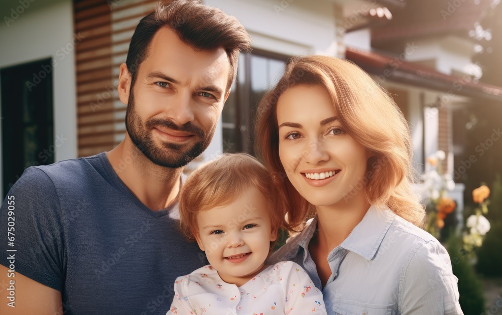 A young family with child stand against the backdrop of a new country house, smiling and looking at the camera A young family with child stand against the backdrop of a new country house, smiling and looking at the camera