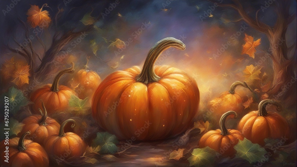 AI generated illustration of pumpkins arranged on the ground in front of majestic trees AI generated illustration of pumpkins arranged on the ground in front of majestic trees