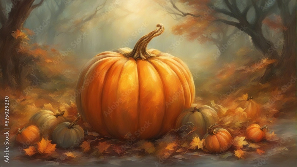 AI generated illustration of pumpkins arranged on the ground in front of majestic trees AI generated illustration of pumpkins arranged on the ground in front of majestic trees