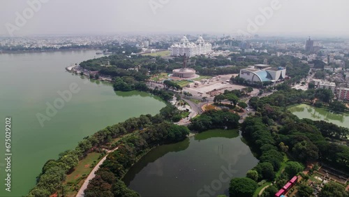 NTR marg near tankbund at hyderabad, telangana with  Ambedkar Statue, secretariate, and prasads multiplex  4k daytime aerial push in  drone shot photo