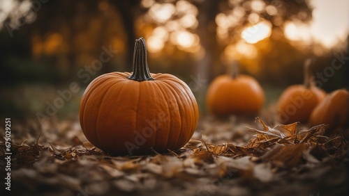 AI generated illustration of pumpkins arranged on the ground in front of majestic trees