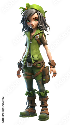 3D Cartoon gaming jungle girl character transparent background 76