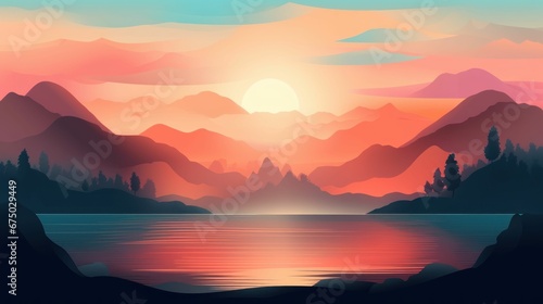 AI-generated illustration of the beautiful sea surrounded by mountains during the sunset