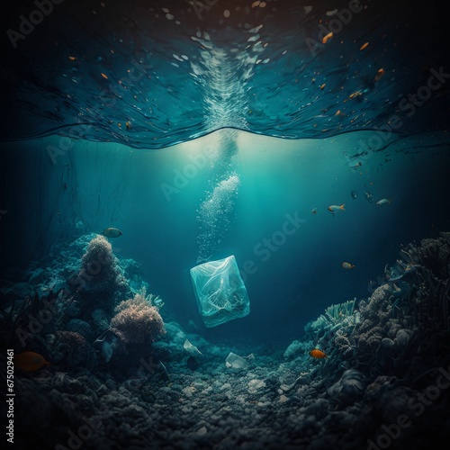 Plastic in the sea, plastic waste under water, photo