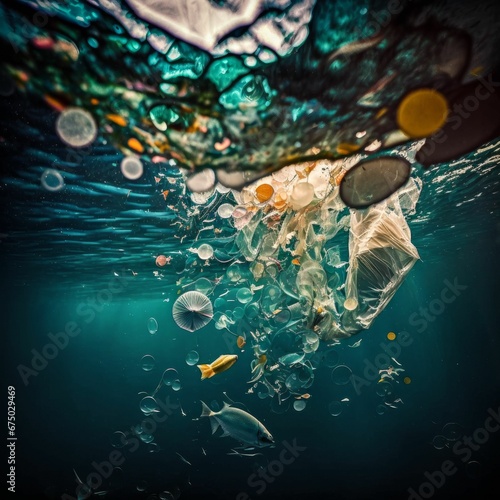 Plastic in the sea, plastic waste under water, photo