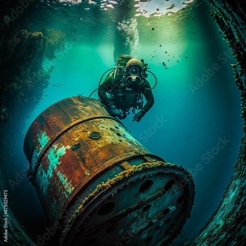Rusty barrels under water, in the lake - sea, nuclear waste, chemical waste, environmental pollution photo