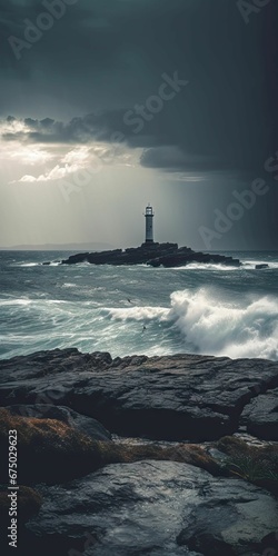 AI generated illustration of dramatic seascape featuring large waves crashing against the lighthouse