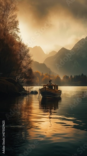 AI generated illustration of a boat illuminated by a vibrant yellow sunset © Wirestock