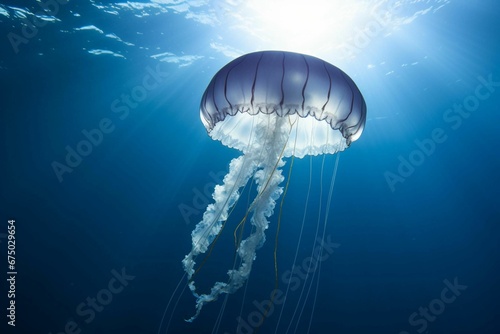 A stunning underwater scene featuring a jellyfish gracefully floating over the ocean floor