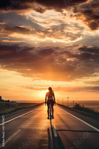Panoramic photograph of a cyclist in the landscape during sunset. Beautiful colors.