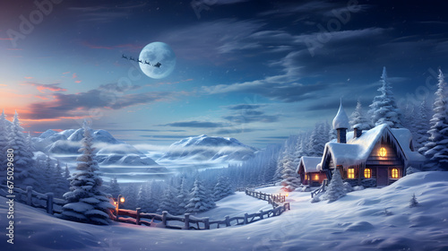 beautiful snowy landscape of Santa Claus's house at the north pole and in the background flying on his sleigh under the moonlight photo