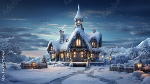 beautiful snowy landscape of santa claus house at the north pole photo