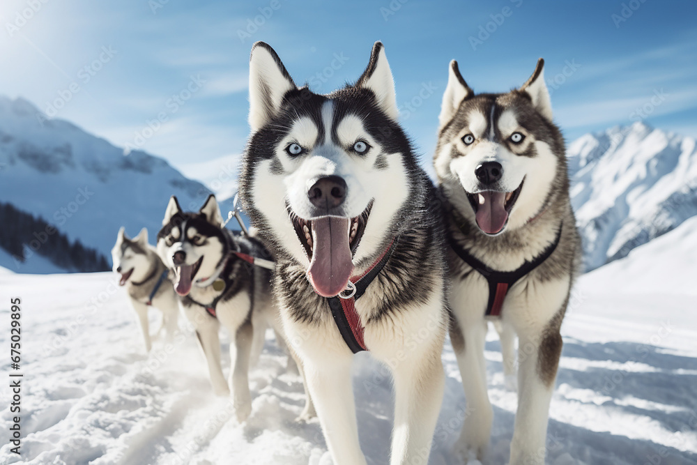 team of husky sled dogs diligently pulls a sled through the pristine and expansive Arctic mountain terrain. Shallow field of view focuses on this awe-inspiring scene. Generative AI.