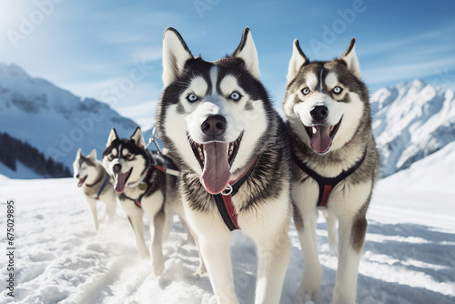 team of husky sled dogs diligently pulls a sled through the pristine and expansive Arctic mountain terrain. Shallow field of view focuses on this awe-inspiring scene. Generative AI.