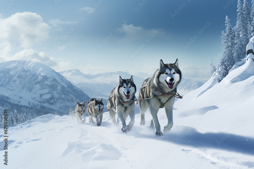 team of husky sled dogs diligently pulls a sled through the pristine and expansive Arctic mountain terrain. Shallow field of view focuses on this awe-inspiring scene. Generative AI. - obrazy, fototapety, plakaty 