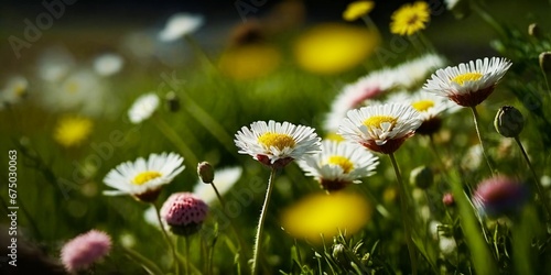 Meadow filled with white and pink daisy flowers in full bloom  AI-generated.