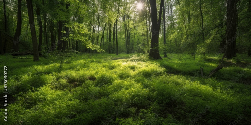 AI generated illustration of a lush forest with tall trees and vibrant green foliage AI generated illustration of a lush forest with tall trees and vibrant green foliage