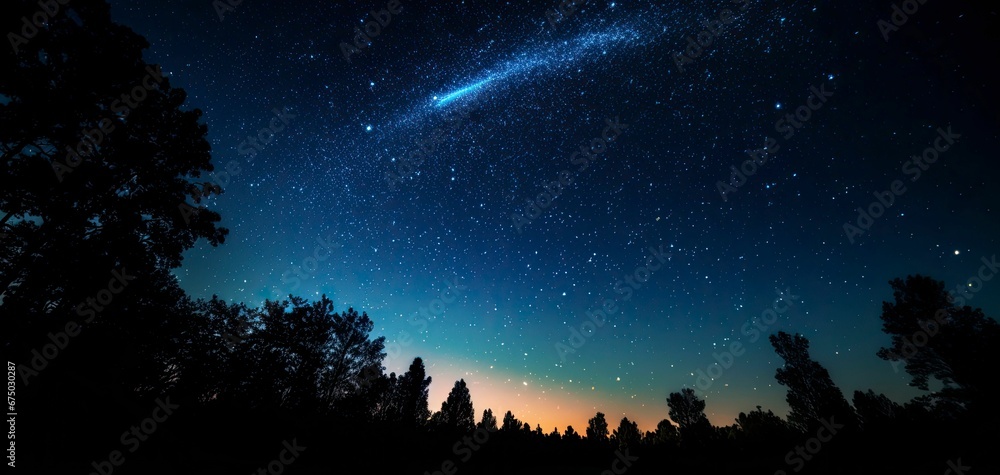 AI generated illustration of a night sky illuminated by a multitude of stars against a lush forest AI generated illustration of a night sky illuminated by a multitude of stars against a lush forest